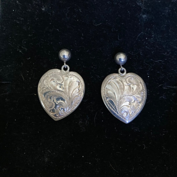 EXCLUSIVELY OURS! Sterling Silver Double Filigree Heart Drop  Vintage Sterling Silver Engraved Heart Drop Earrings
